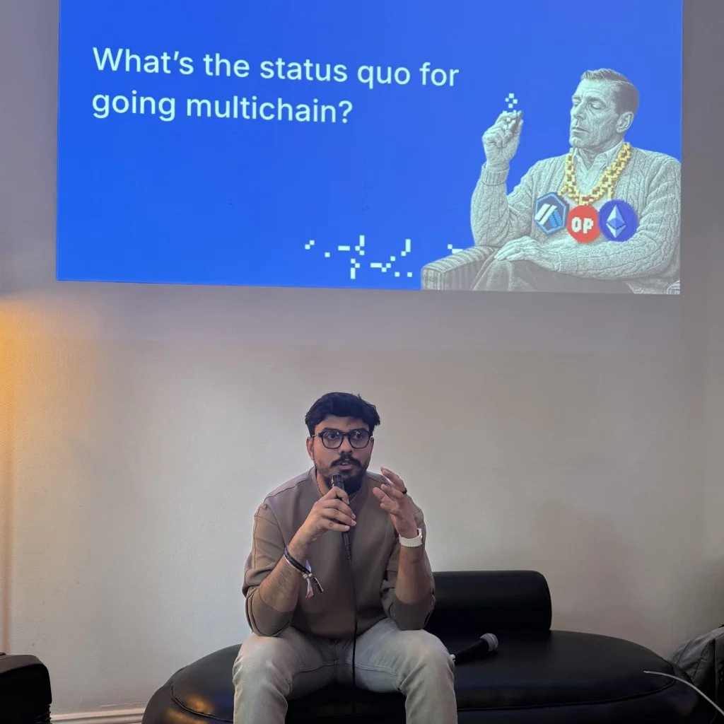 Speaker presenting on multichain strategies at a live event